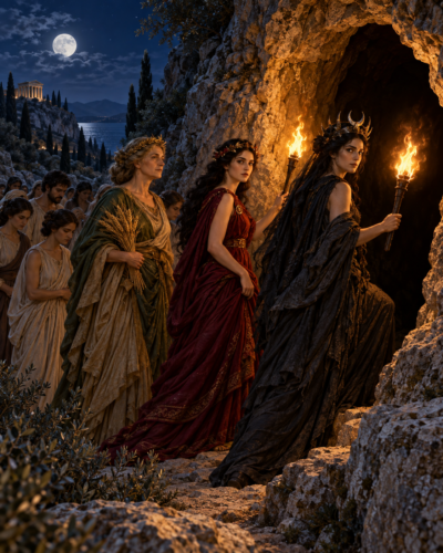 Demeter, Persephone and Hecate lead the faithful into the cave.